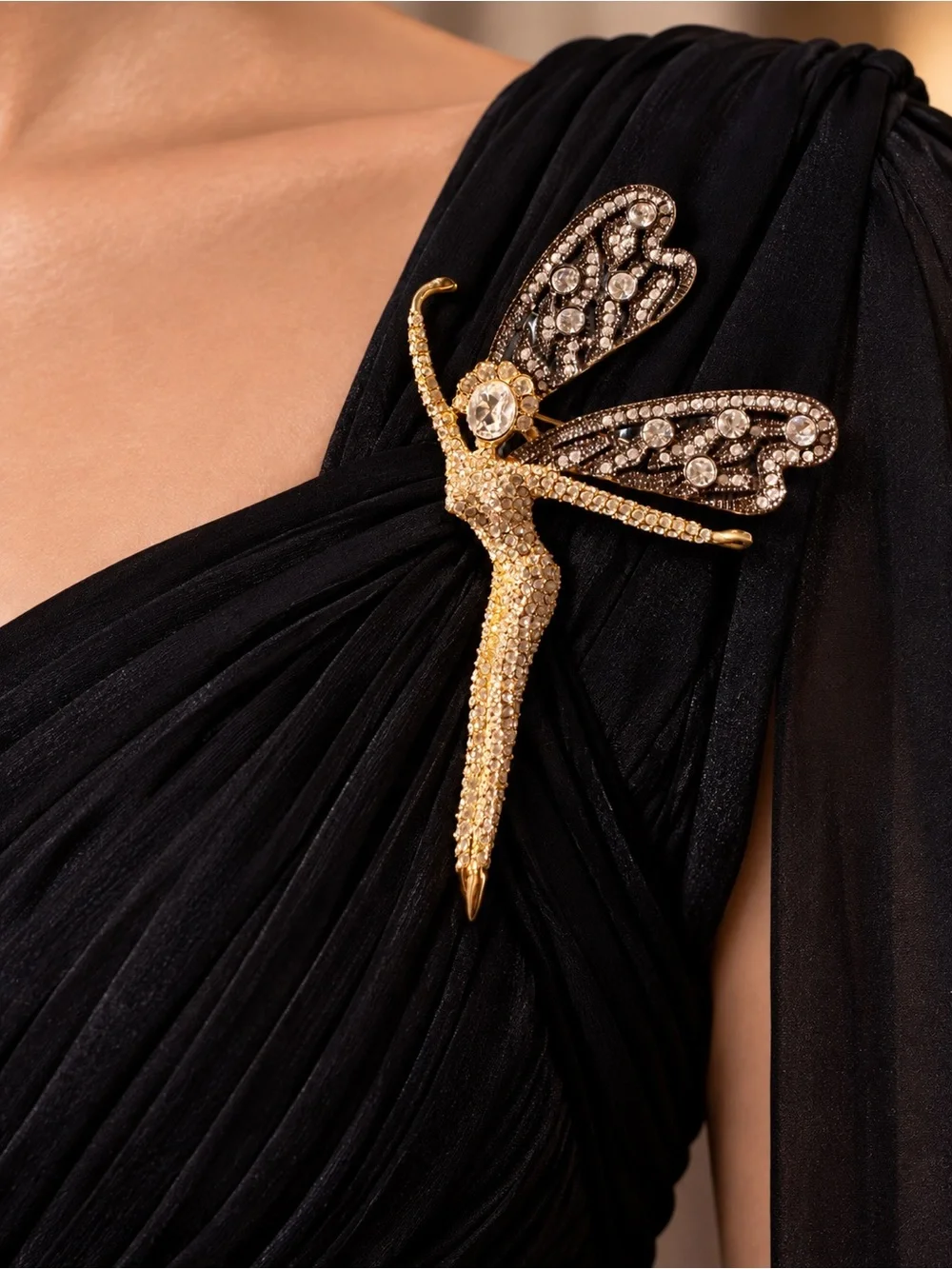 Gold and Black Crystal Fairy Brooch